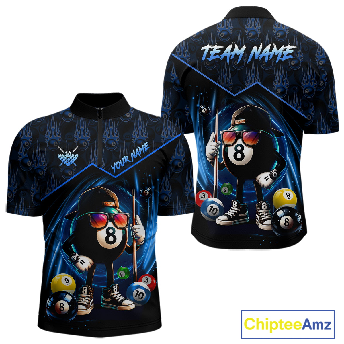 Blue Funny 8 Ball Pool Billiard Shirt For Men Custom Flame Billiard Team Jersey Polo & 1/4 Zip TDM6346