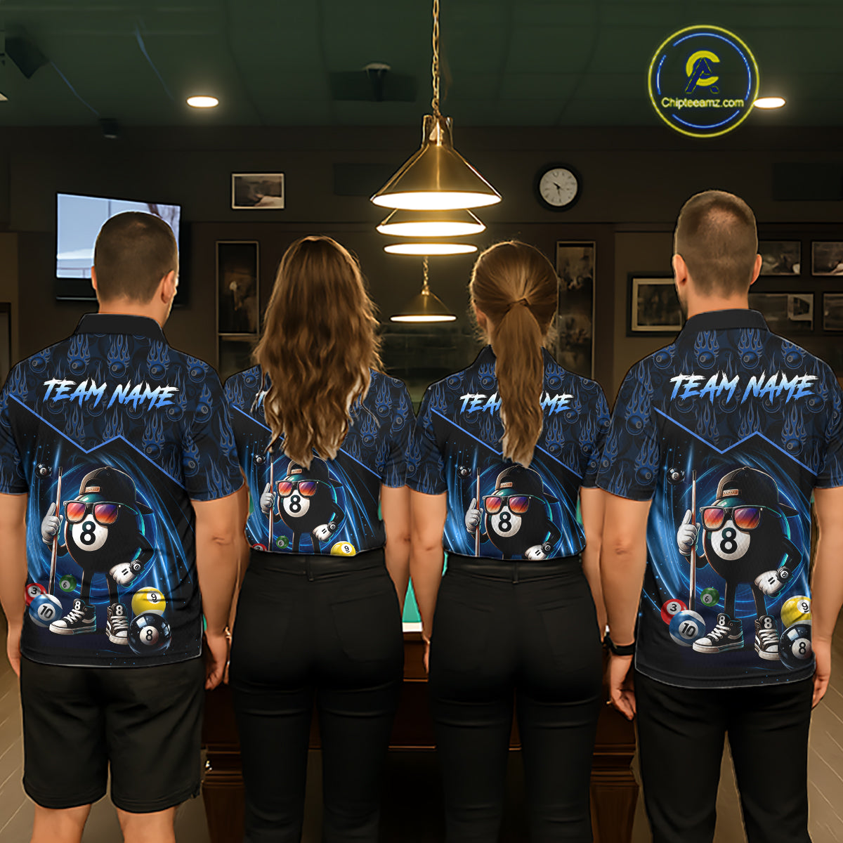Blue Funny 8 Ball Pool Billiard Shirt For Men Custom Flame Billiard Team Jersey Polo & 1/4 Zip TDM6346