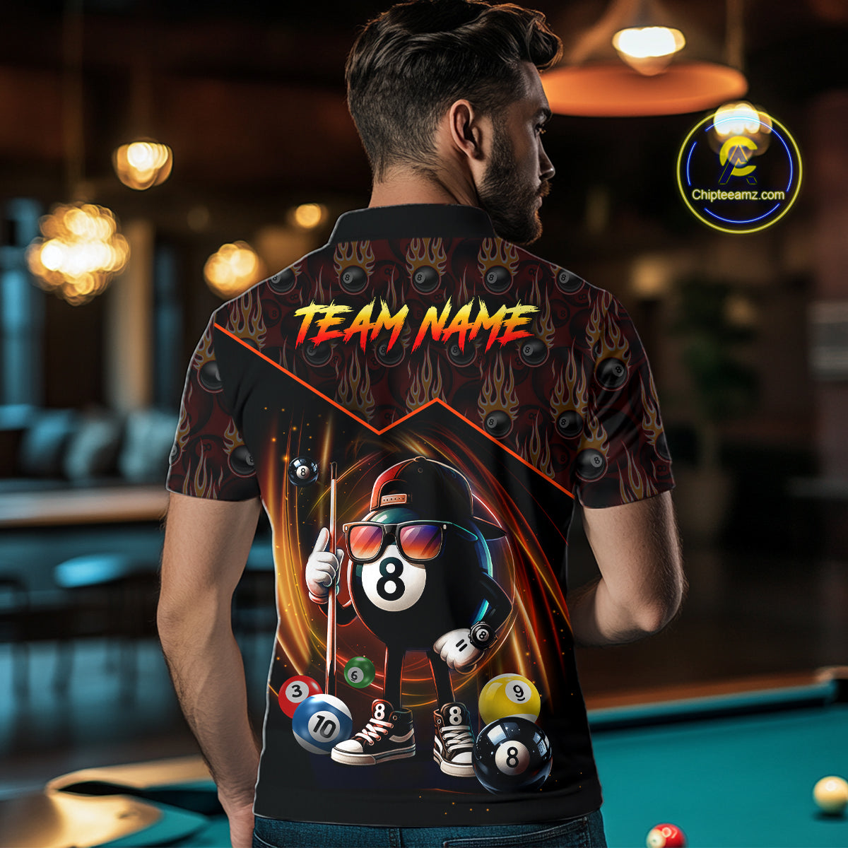 Orange Funny 8 Ball Pool Billiard Shirt For Men Custom Flame Billiard Team Jersey Polo & 1/4 Zip TDM6347
