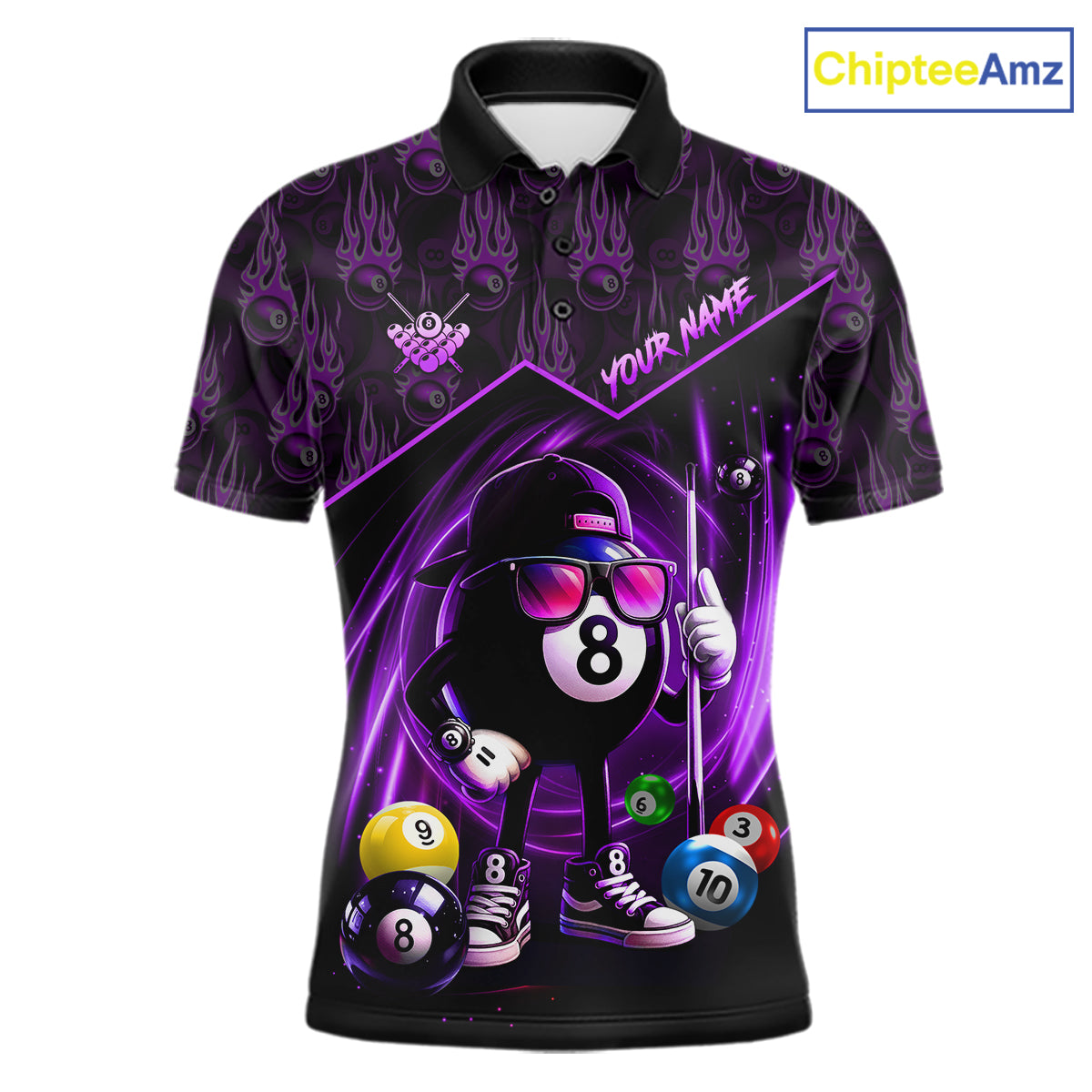 Purple Funny 8 Ball Pool Billiard Shirt For Men Custom Flame Billiard Team Jersey Polo & 1/4 Zip TDM6348