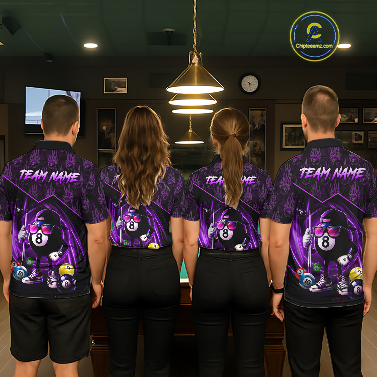 Purple Funny 8 Ball Pool Billiard Shirt For Men Custom Flame Billiard Team Jersey Polo & 1/4 Zip TDM6348