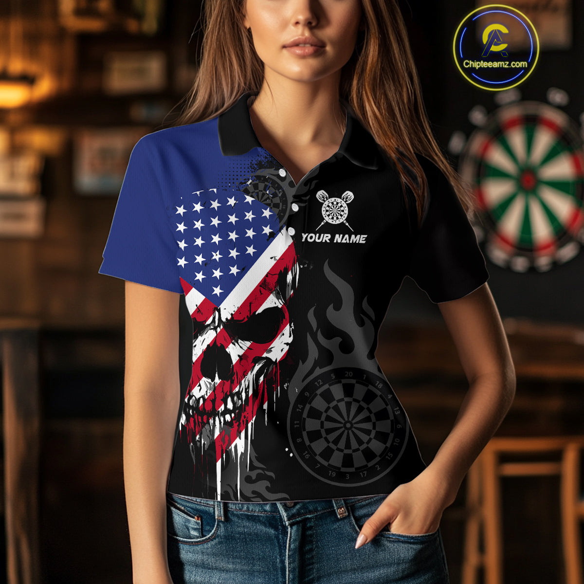 Grunge American Flag Skull Darts Shirt For Women Custom Patriotic Darts Team Jerseys Polo & 1/4 Zip TDM4197