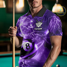 Load image into Gallery viewer, Man wearing a purple 8 ball thunder lightning billiard jersey beside a pool table front view.