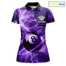 Load image into Gallery viewer, Purple 8 ball thunder lightning billiard polo shirt for women with custom pool team graphics.