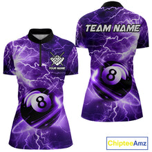 Load image into Gallery viewer, Purple 8 ball thunder lightning billiard quarter zip shirt for women built for tournaments and league competition.