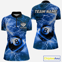 Load image into Gallery viewer, Blue 8 ball thunder lightning billiard quarter zip shirt for women designed for league tournaments and team events.