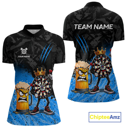 Personalized blue funny crown dartboard beer darts team jersey quarter zip shirt for women featuring funny crown dartboard beer artwork, premium custom darts apparel.