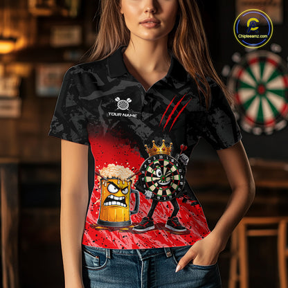 Woman wearing personalized red funny crown dartboard beer darts team jersey polo shirt featuring crown dartboard beer artwork, front view.