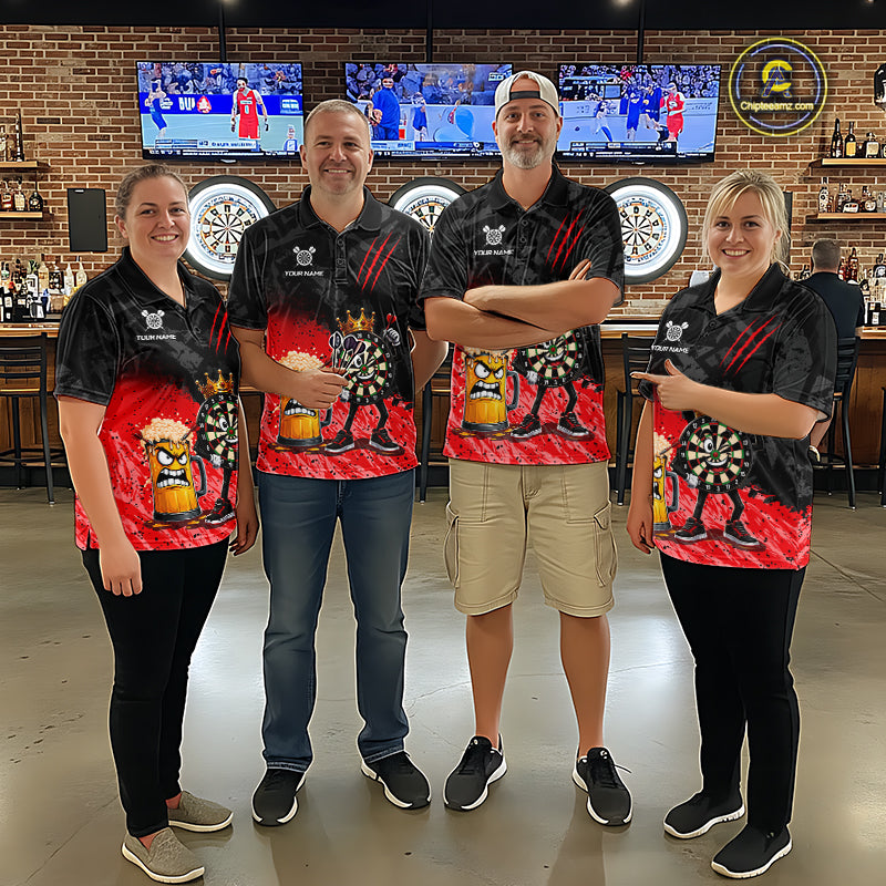 Man wearing personalized red funny crown dartboard beer darts team jersey quarter zip shirt featuring crown dartboard beer artwork, front view.