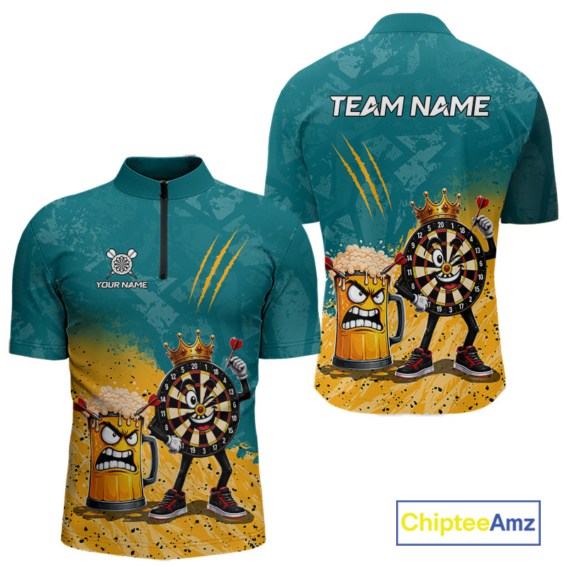 Personalized teal and yellow funny crown dartboard beer darts team jersey quarter zip shirt for men featuring funny crown dartboard beer artwork, premium custom darts apparel.