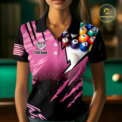 Personalized Pink Black Billiard Shirt For Women Custom 8 Ball Pool Billiard Jersey Polo & 1/4 Zip TDM5472