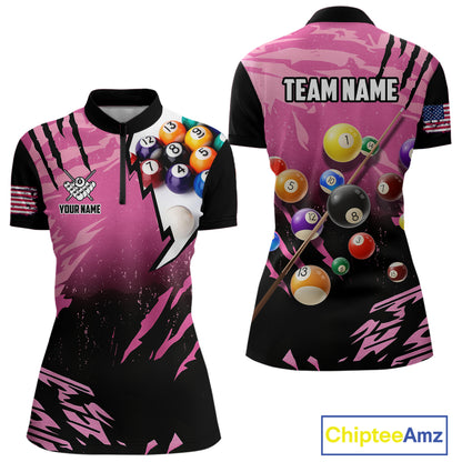 Personalized Pink Black Billiard Shirt For Women Custom 8 Ball Pool Billiard Jersey Polo & 1/4 Zip TDM5472