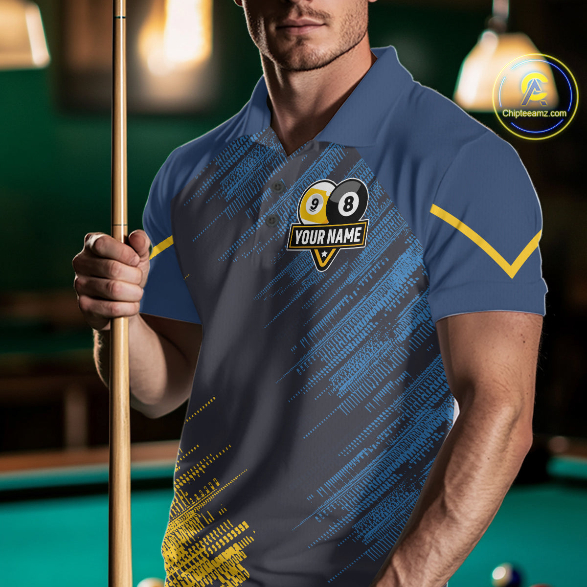 Personalized Blue Yellow 8 Ball & 9 Ball Pool Polo & 1/4 Zip For Men Custom Team Billiard Jersey TDM5745