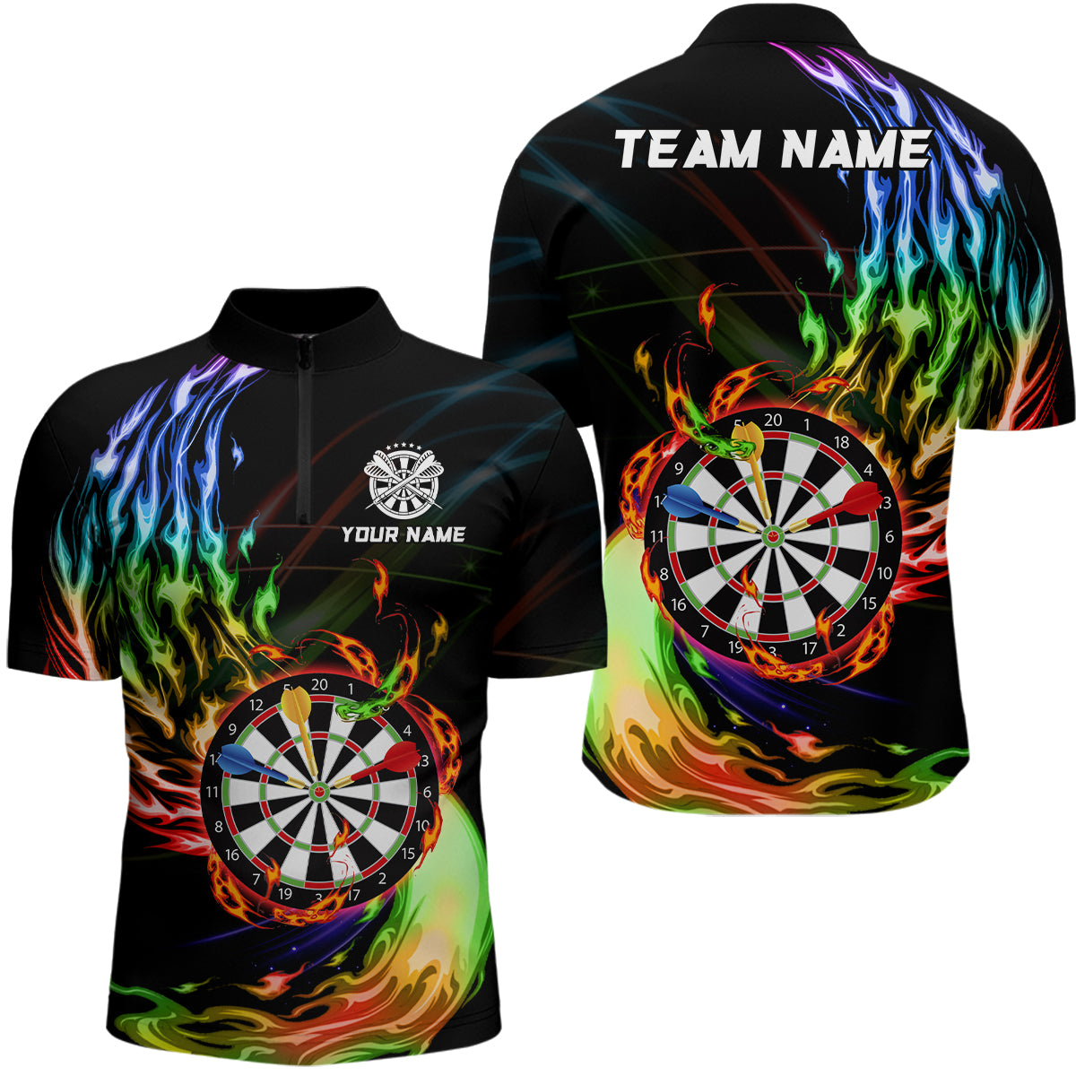 Rainbow Fire Flame Dartboard Darts Polo & Quarter Zip Custom Dart Shirts For Men Dart Jerseys TDM3740