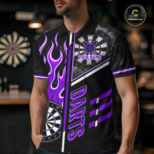 Load image into Gallery viewer, Black And Purple Flaming Smoke Darts Shirt For Men Custom Darts Jersey Team Polo &amp; 1/4 Zip TDM6096