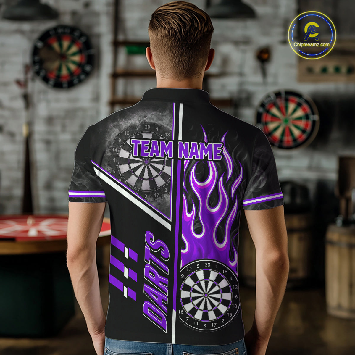 Black And Purple Flaming Smoke Darts Shirt For Men Custom Darts Jersey Team Polo & 1/4 Zip TDM6096