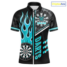 Load image into Gallery viewer, Black And Turquoise Flaming Smoke Darts Shirt For Men Custom Darts Jersey Team Polo &amp; 1/4 Zip TDM6097