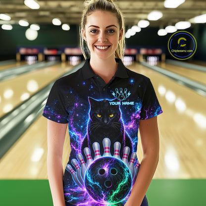 Neon Funny Cat Bowling Jersey Polo & 1/4 Zip For Women Custom Bowling Team Jersey, Bowling Gifts TDM6359