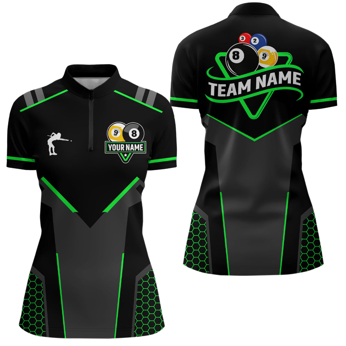 Personalized Billiard 8 Ball & 9 Ball Pool Polo, 1/4 Zip For Women Custom Team Billiard Jersey |Green TDM3581