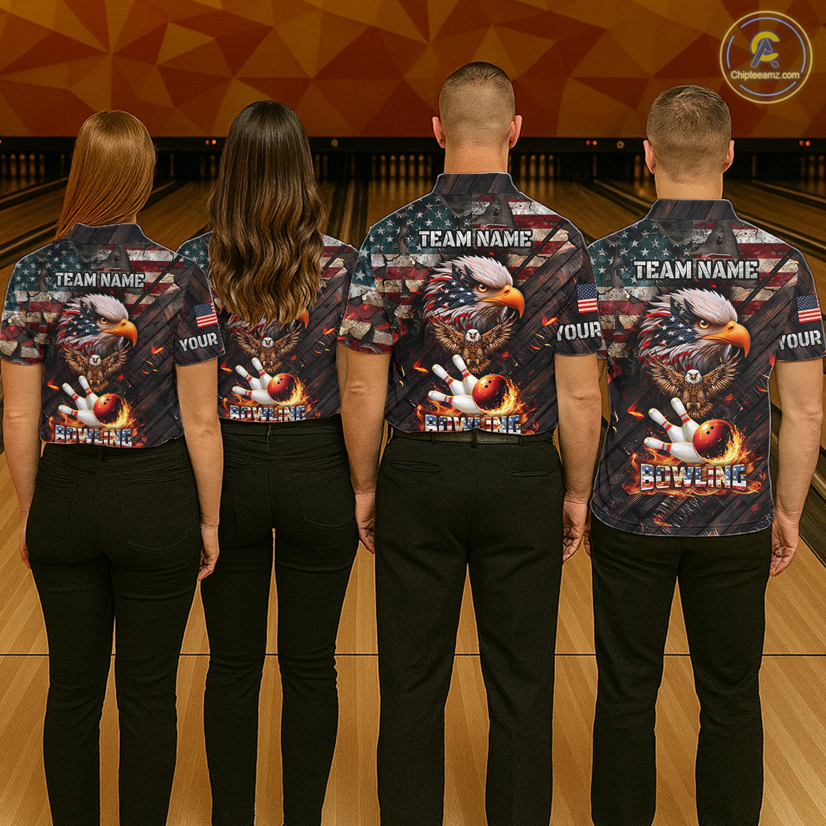 American Flag Flame Eagle Bowling Shirt For Men Custom Patriotic Bowling Jersey Polo & 1/4 Zip TDM6108