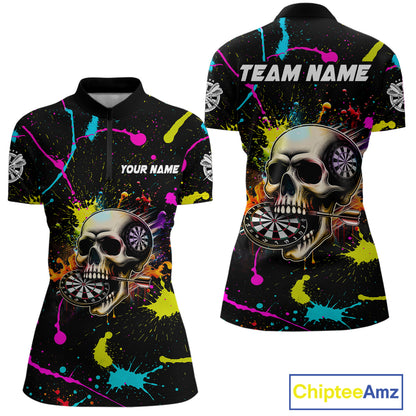 Personalized Funny Skull Colorful Paint Dart Shirt For Women Custom Darts Team Jersey Polo & 1/4 Zip TDM4213