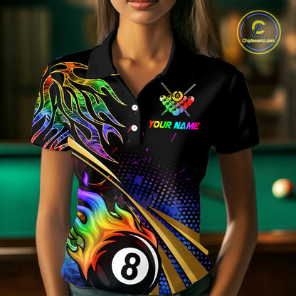 Personalized Colorful Flame 8 Ball Billiard Shirt For Women Custom Pool Team Jerseys Polo & 1/4 Zip TDM4214