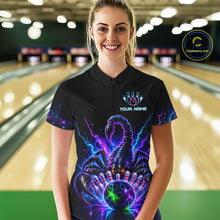 Load image into Gallery viewer, Woman wearing a neon scorpion bowling quarter zip jersey during league competition front view.