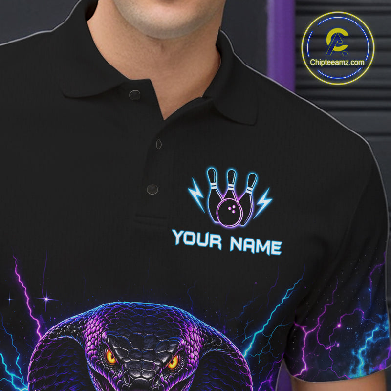 Close-up of a neon cobra bowling polo shirt collar, buttons, and cobra artwork details.