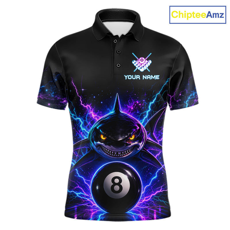 Neon shark 8 ball billiard polo shirt for men with custom pool team graphics.