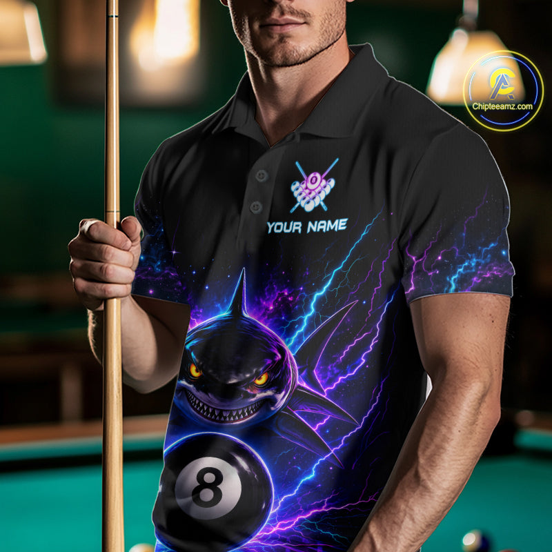 Man wearing a neon shark 8 ball billiard jersey beside a pool table front view.