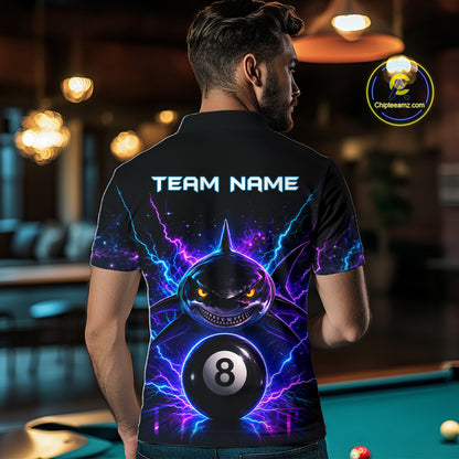 Back view of man wearing a neon shark 8 ball pool shirt in a billiards hall.