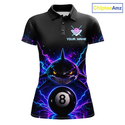 Neon shark 8 ball billiard polo shirt for women with custom pool team graphics.