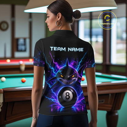 Back view of woman wearing a neon shark 8 ball pool shirt in a billiards hall.