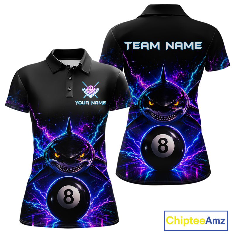 Neon shark 8 ball billiard polo shirt for women with custom pool team graphics.