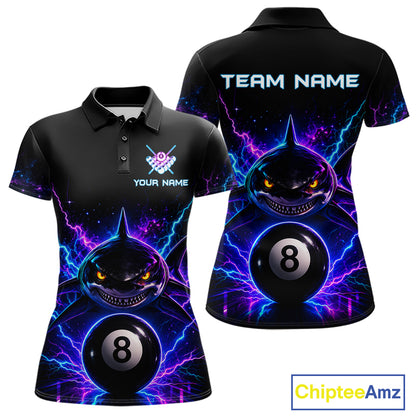 Neon shark 8 ball billiard polo shirt for women with custom pool team graphics.