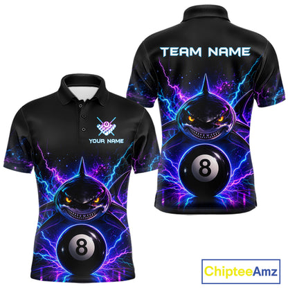 Neon shark 8 ball billiard polo shirt for men with custom pool team graphics.