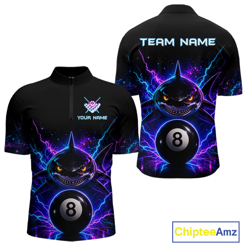 Neon shark 8 ball billiard quarter zip shirt for men designed for league tournaments and team events.