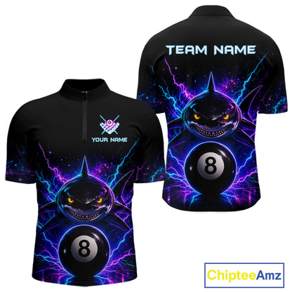 Neon shark 8 ball billiard quarter zip shirt for men designed for league tournaments and team events.