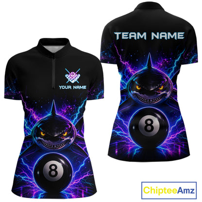 Neon shark 8 ball billiard quarter zip shirt for women designed for league tournaments and team events.