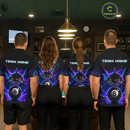 Back view of pool players wearing matching neon shark billiard shirts in a game room.