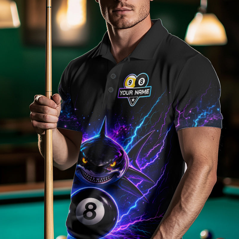 Man wearing a neon shark 8 ball and 9 ball billiard jersey beside a pool table front view.