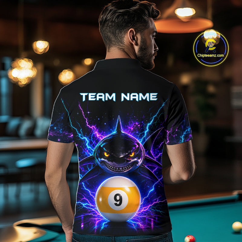 Back view of man wearing a neon shark 8 ball and 9 ball pool shirt in a billiards hall.