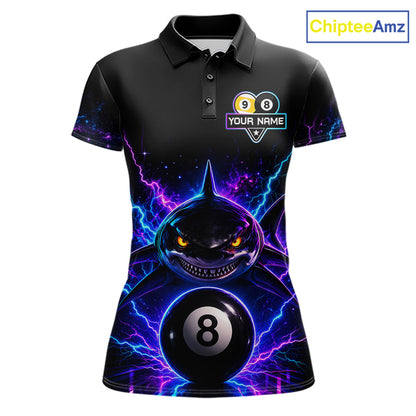 Neon shark 8 ball and 9 ball billiard polo shirt for women with custom pool team graphics.