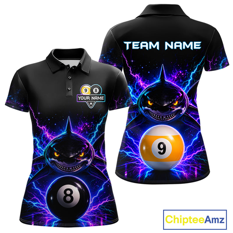 Neon shark 8 ball and 9 ball billiard polo shirt for women with custom pool team graphics.