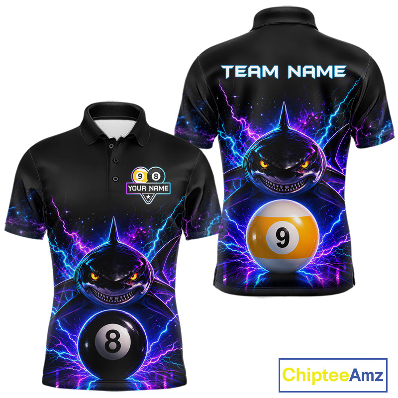 Neon shark 8 ball and 9 ball billiard polo shirt for men with custom pool team graphics.