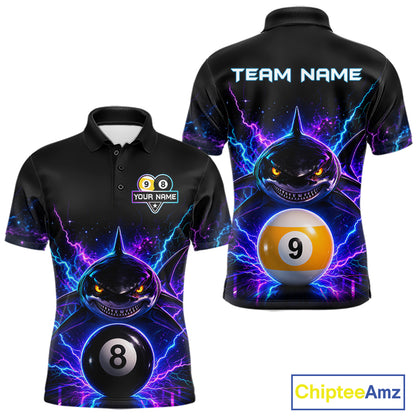 Neon shark 8 ball and 9 ball billiard polo shirt for men with custom pool team graphics.
