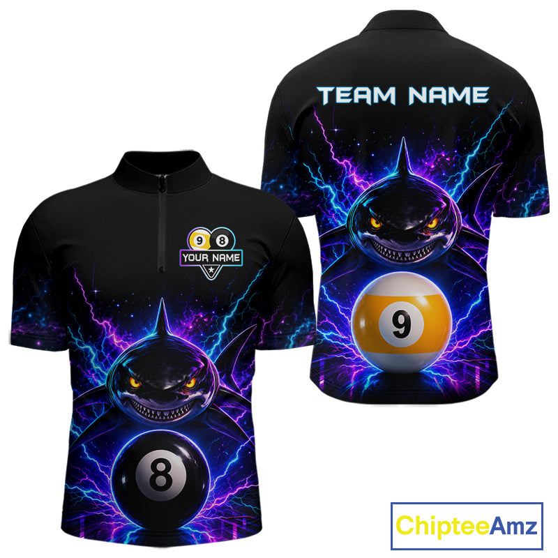 Neon shark 8 ball and 9 ball billiard quarter zip shirt for men designed for league tournaments and team events.