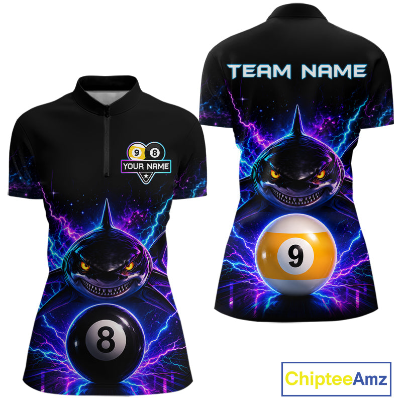 Neon shark 8 ball and 9 ball billiard quarter zip shirt for women designed for league tournaments and team events.