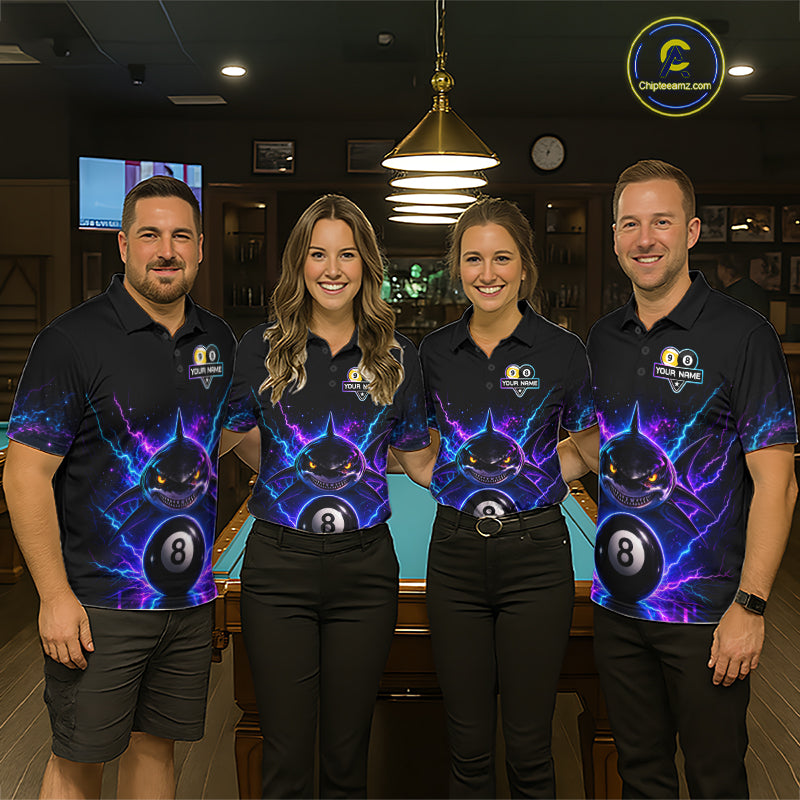 Pool team wearing matching neon shark 8 ball and 9 ball billiard jerseys during tournament competition front view.