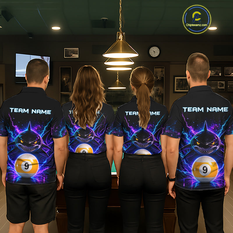 Back view of pool players wearing matching neon shark billiard shirts in a game room.